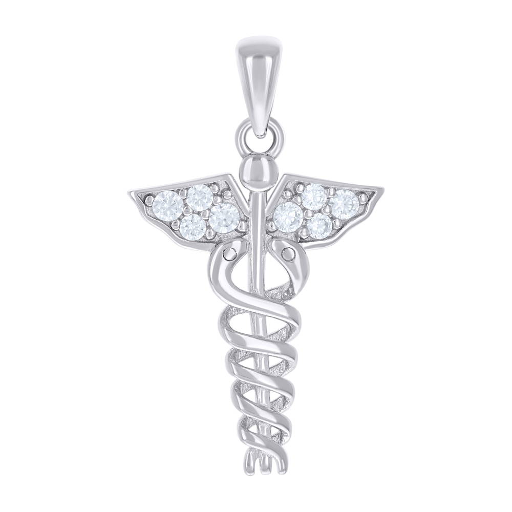 925 Sterling Silver Cubic-Zirconia Caduceus Medical Symbol Occupation Pendant